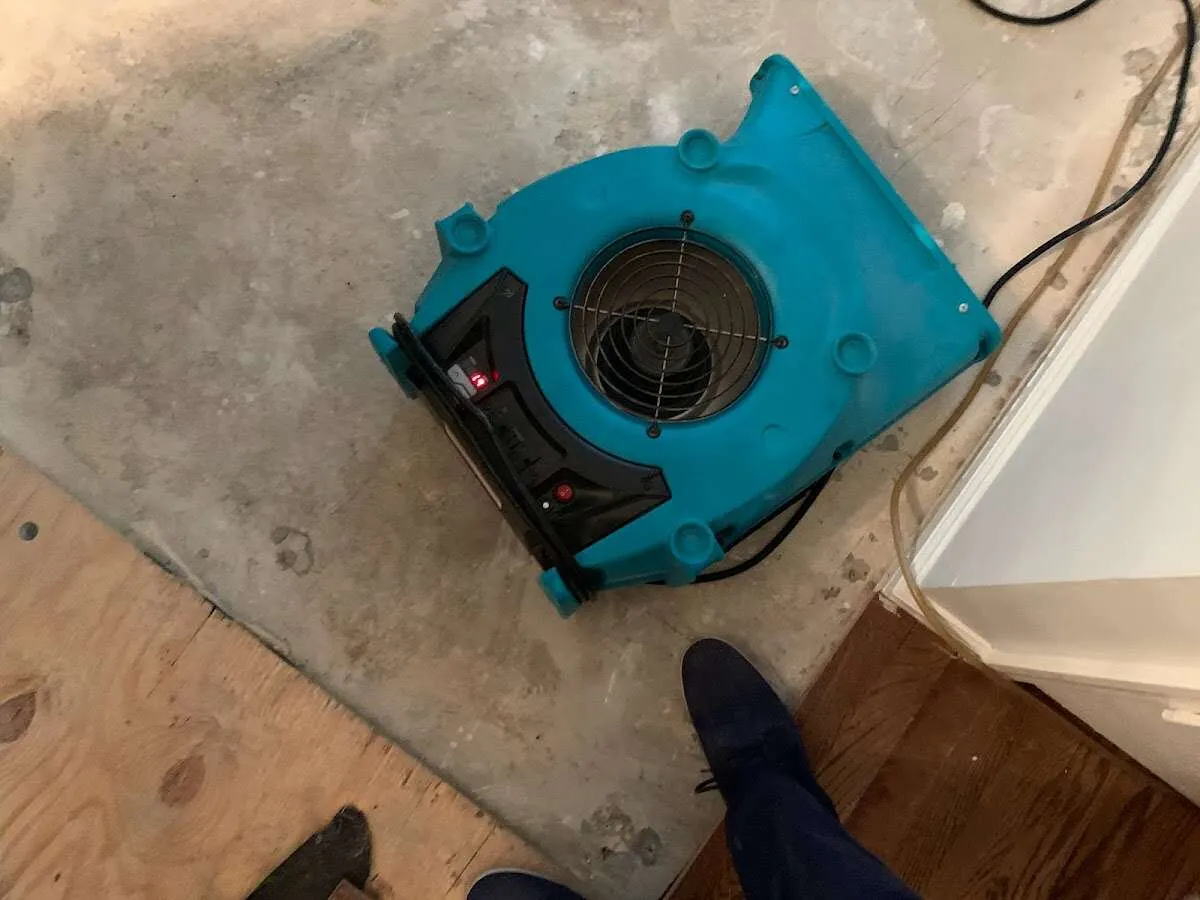 Air mover drying subfloor during Leak Detection & Repair in Forney